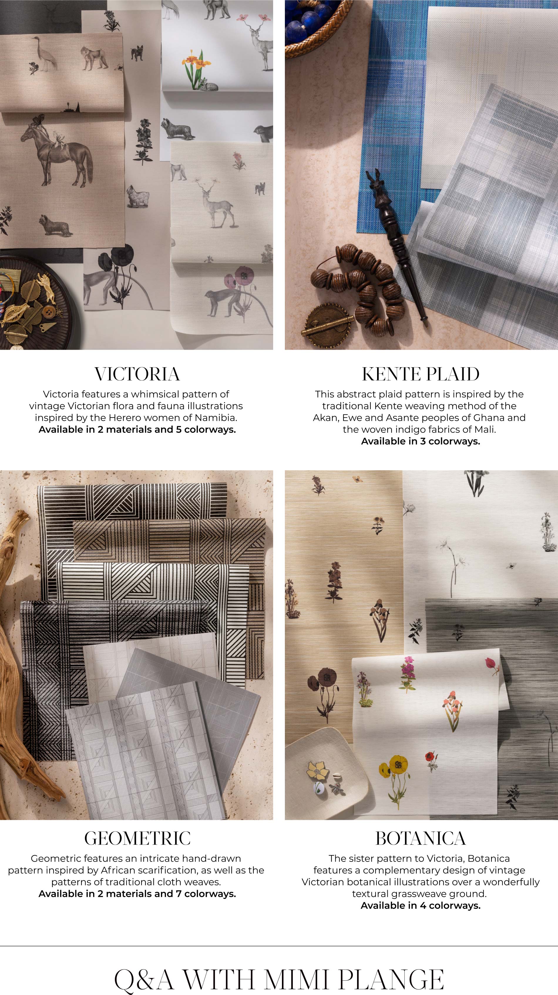 4 images of swatches from the Mimi Plange collection with The Shade Store: Victoria, Kente Plaid, Geometric and Botanica