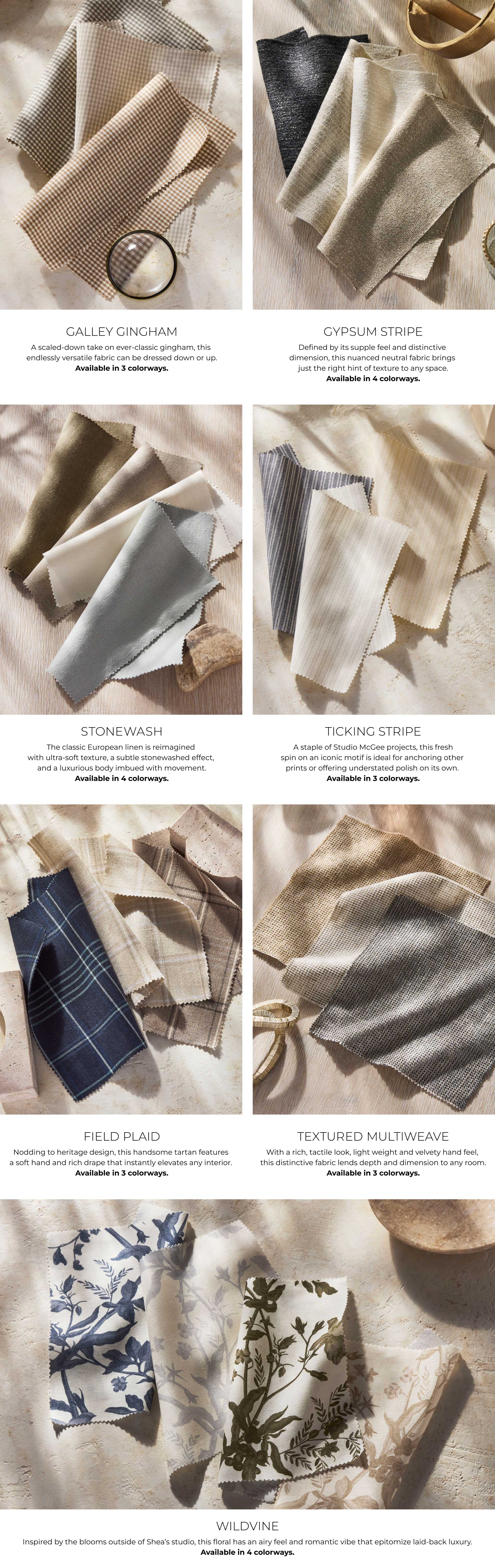 Studio McGee fabrics: Galley Gingham, Gypsum Stripe, Stonewash, Field Plaid, Ticking Stripe, Textured Multiweave & Wildvine.