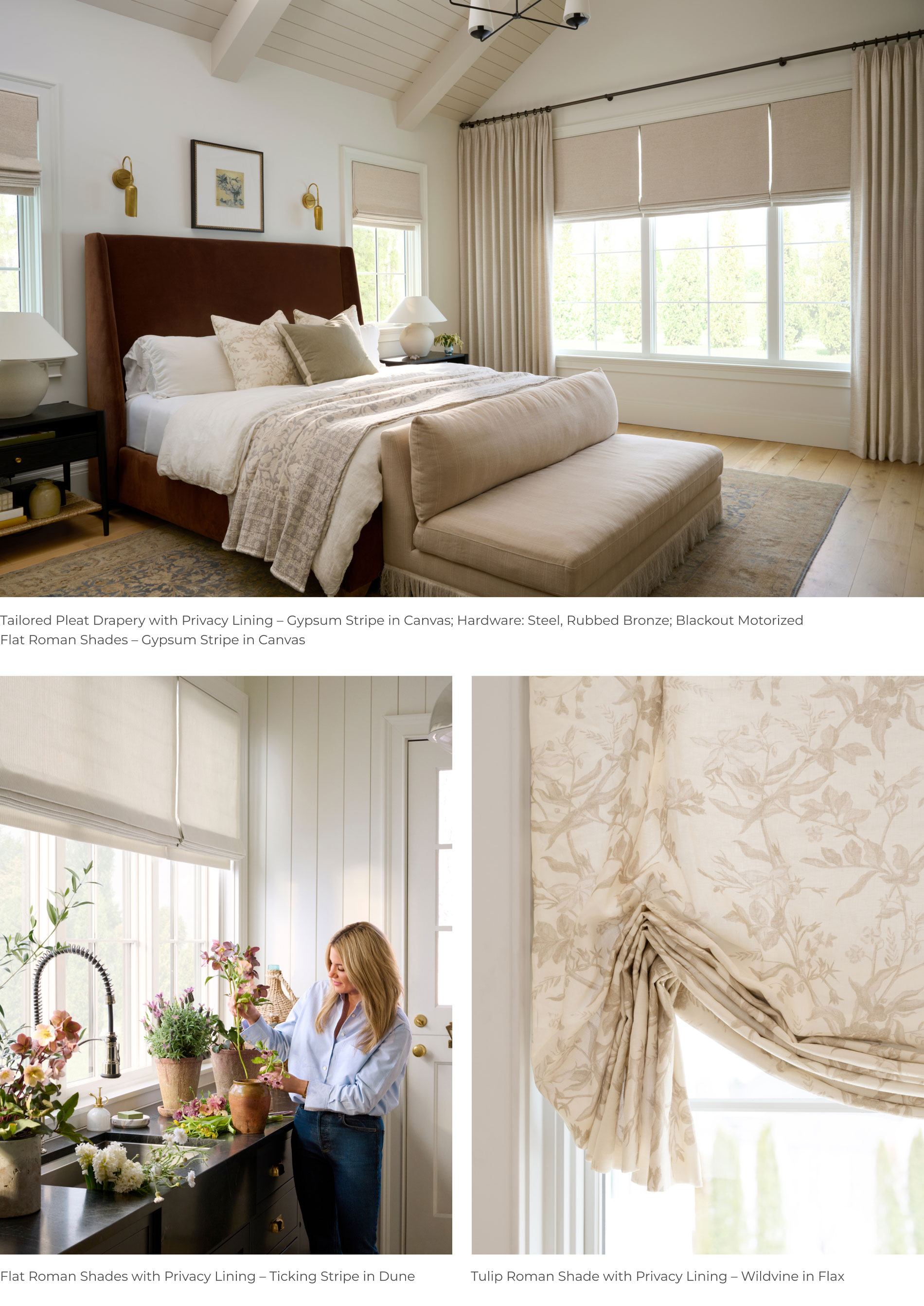 Three images showing: Shea McGee's bedroom with shades & drapery, Shea in her mudroom, and a close up of a tulip shade.