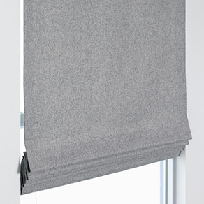 A product image of a Flat Roman Shade shows a modern style with crisp folds and flat face