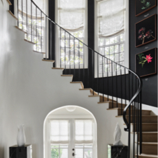 Window doors in staircase entryway with relaxed roman shades in sheer wool blend cloud in San Francisco Decorator show house
