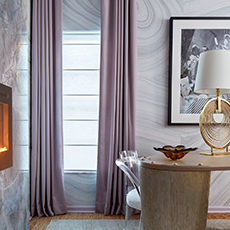 Floor to ceiling window with ripple fold drapery in andes lavender mist color in Kips Bay Palm Beach Show House living room