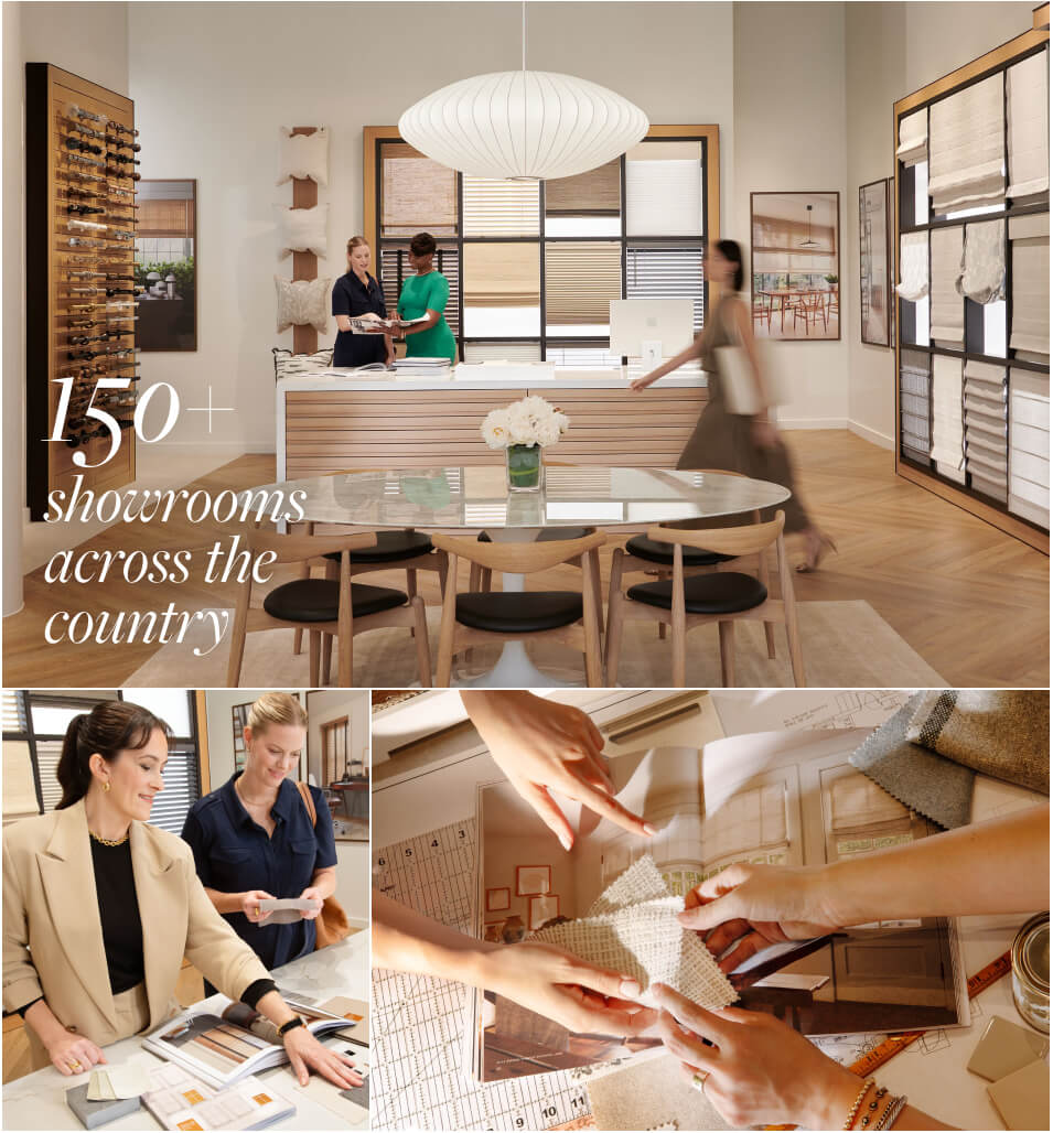 A collage of images shows an inviting showroom with customers, Design Consultants, product displays and swatch drawers