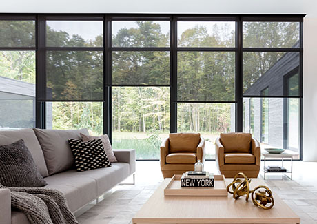 Types of blinds and shades include Solar Shades made of 10% in Black over floor-to-ceiling windows in a modern living room