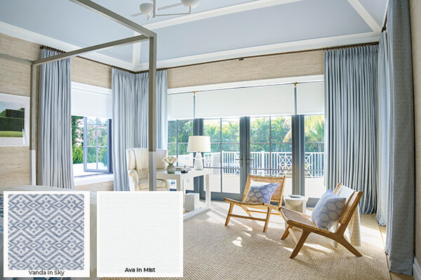 Bright coastal tones like Vanda in Sky found on these Tailored Pleat Drapes are one of the most popular window drape trends