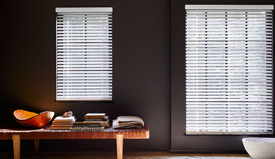 Cordless wood blinds in 2-inch matte ivory on bedroom windows, highlighting modern types of blinds and practical window blind types for light control and style