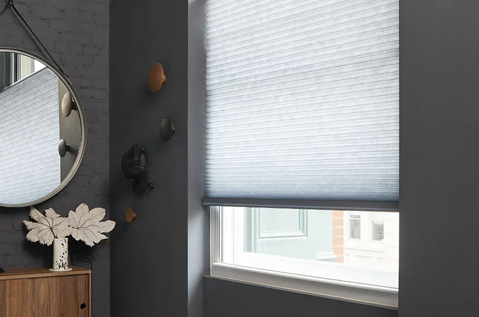 Foyer with cellular shade on tall window, featuring energy-efficient window shade types designed for insulation and light control