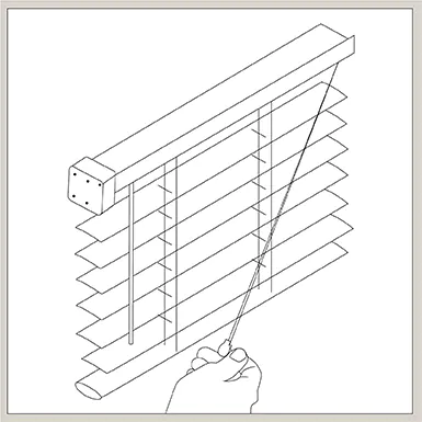 An illustration of blinds shows how to pull blinds down or bring them up with a cord lock control system