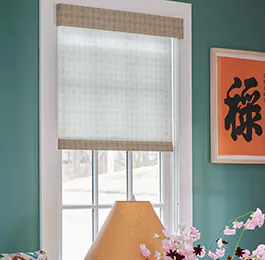 A turquoise-painted room has privacy shades in the Roller Shade style made of light filtering  Houndstooth material in Cargo as modern window treatments for filtered light and privacy